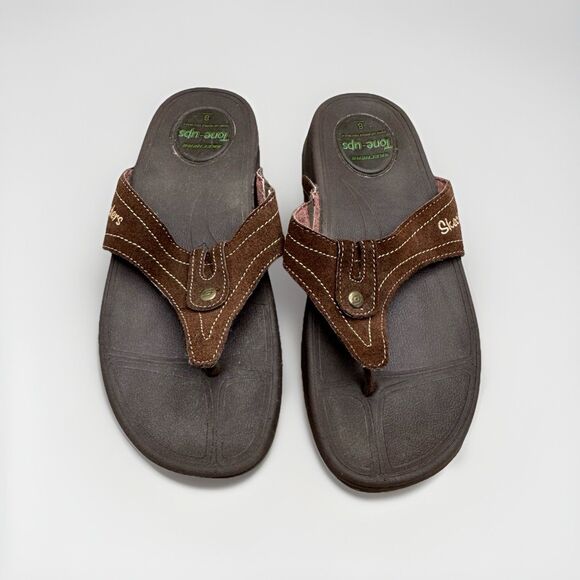 Skechers Tone Ups Womens Size 8 Brown Leather Thong Sandals Flip Flops - Picture 1 of 5